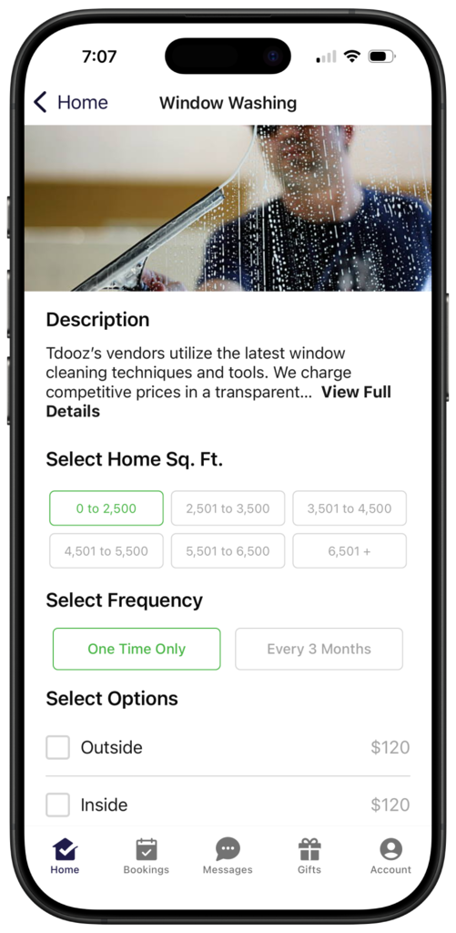Booking a window washing service in the Tdooz app